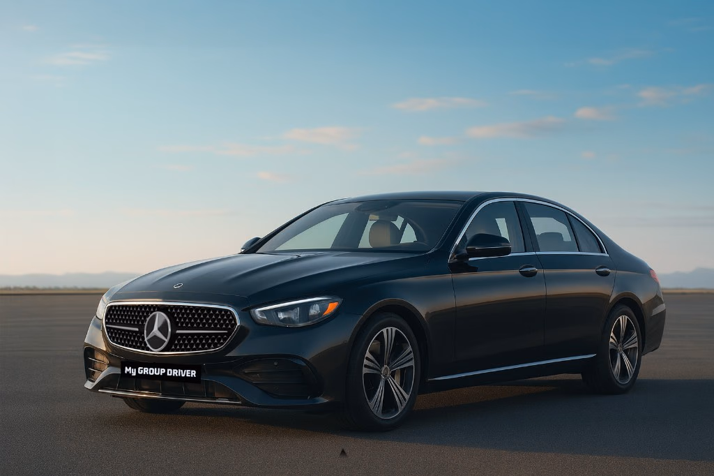 Mercedes E-Class chauffeur: black E-Class sedan on a runway at dusk