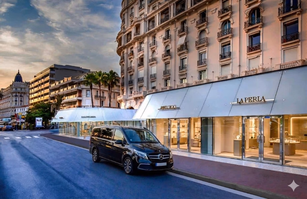 Private chauffeur Cannes: black Mercedes V-Class parked in front of luxury boutiques on the Croisette